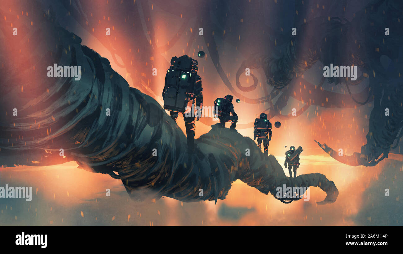 Les astronautes marcher sur des arbres géants dans alien planet, art numérique, peinture style illustration Banque D'Images