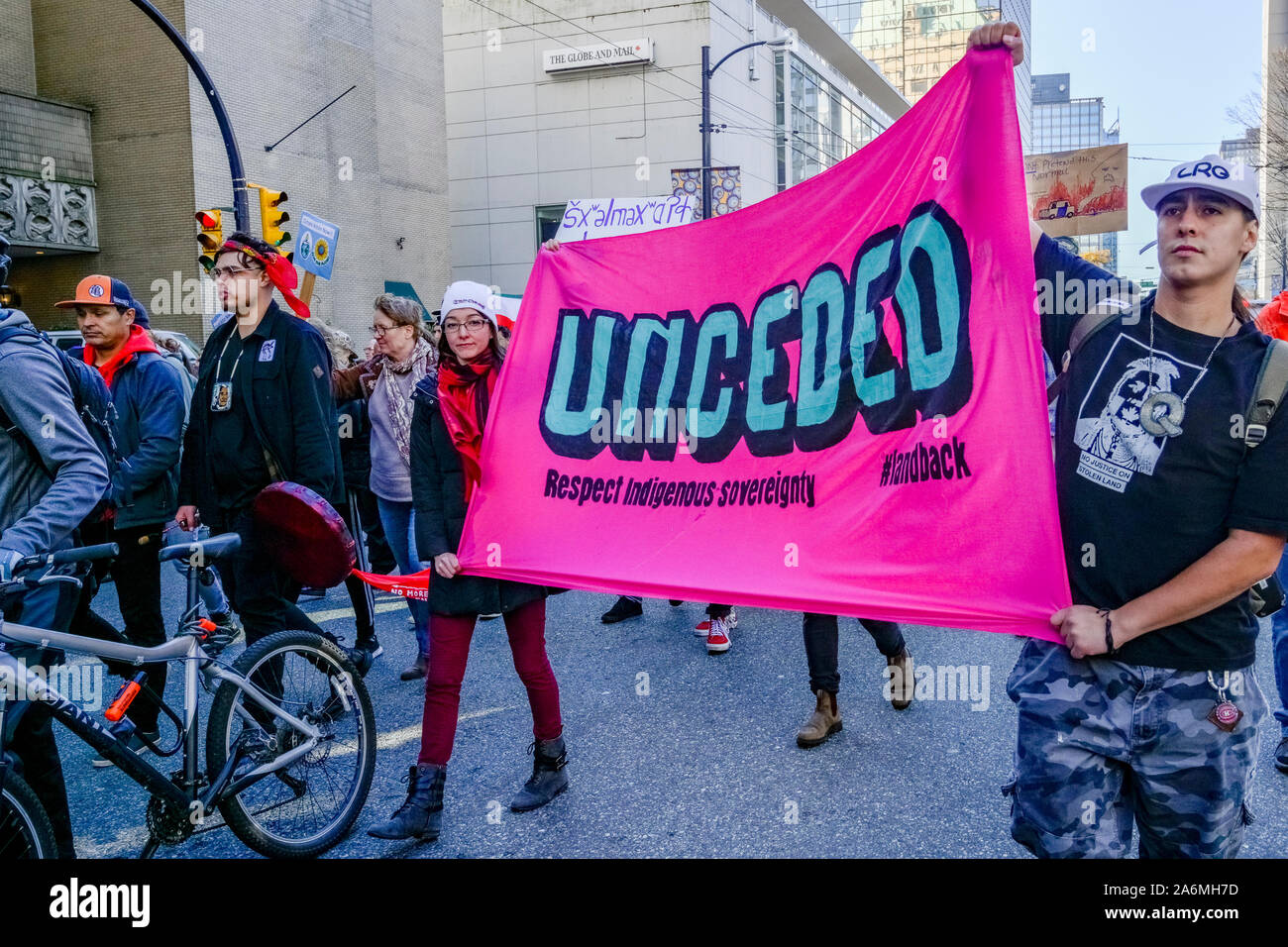 Les militants autochtones climat en grève, Vancouver, British Columbia, Canada Banque D'Images