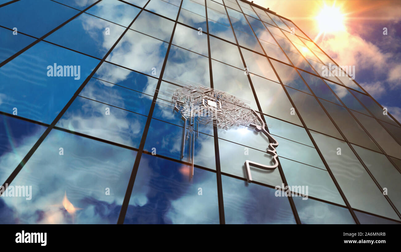 Ia sur gratte-ciel de verre. Ciel et les rayons du soleil en miroir dans la façade de l'immeuble. L'intelligence artificielle, cyber-cerveau et innovation Centre concept dans renderi 3D Banque D'Images
