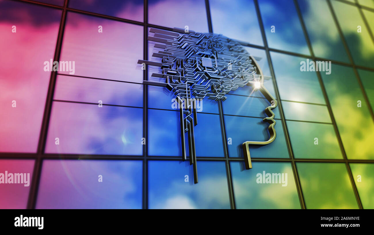 Symbole tête IA sur verre. Ciel en miroir et ville sur façade moderne. L'intelligence artificielle et le cerveau cybernétique concept centre mauvais rendu 3D Banque D'Images