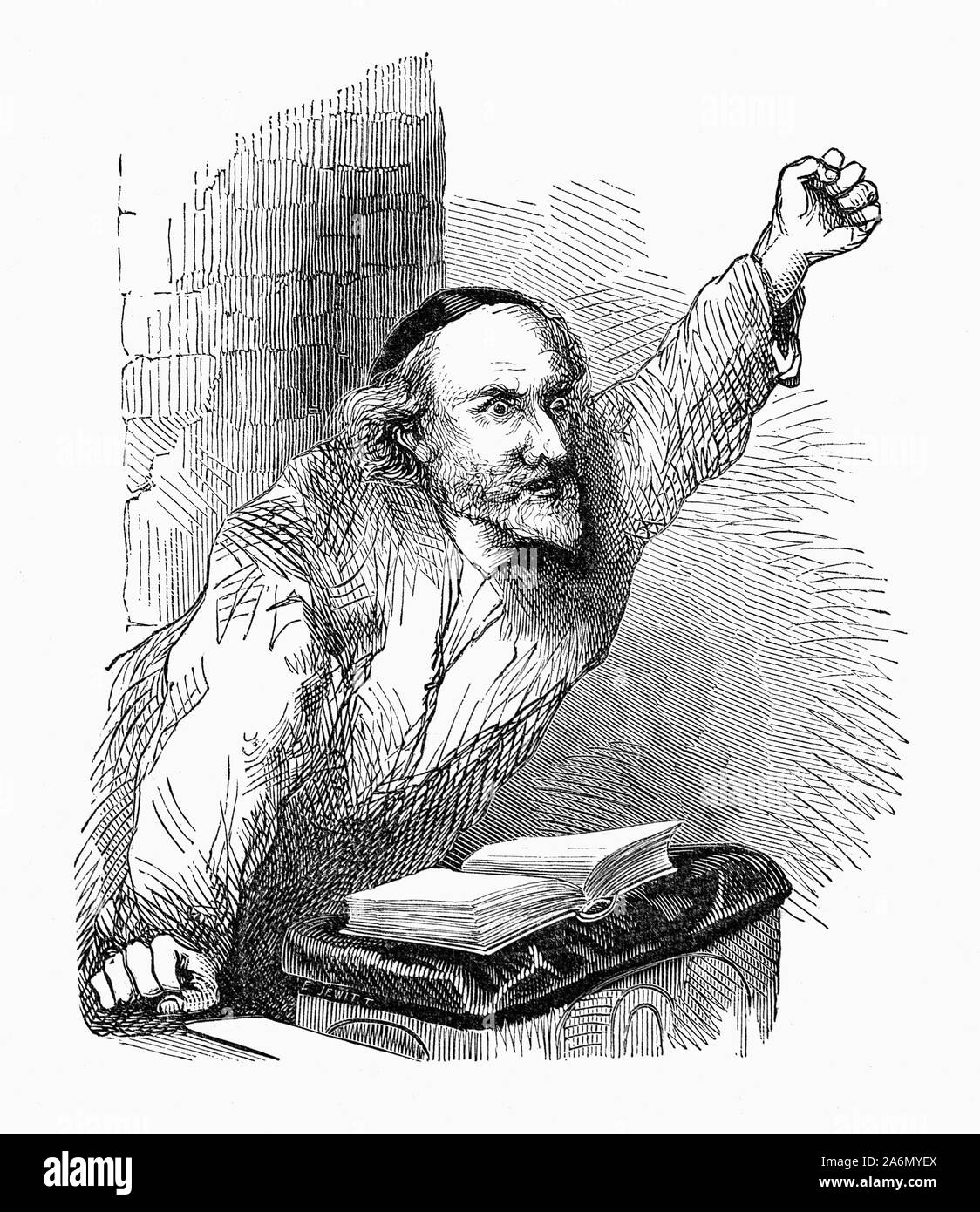 John Knox (1513 - 1572) au cours d'un sermon en chaire. Il était un pasteur écossais, théologien et écrivain qui a été un chef de file de la Réforme protestante et est considéré comme le fondateur de la confession presbytérienne en Écosse. Il a également réprimandé Marie, Reine d'Écosse, d'appuyer les pratiques catholiques, 1561-1564. Holyrood, Édimbourg, Écosse Banque D'Images