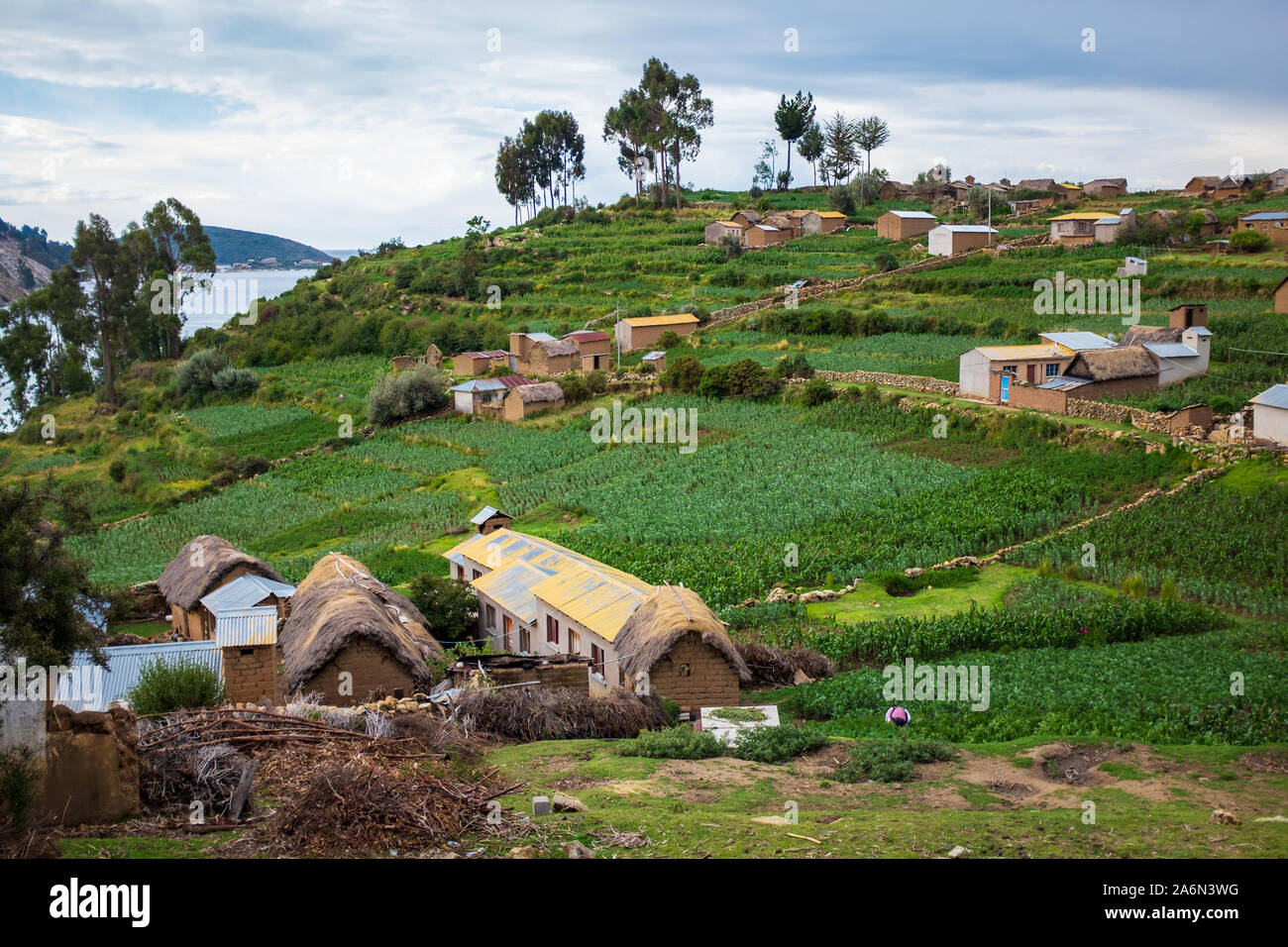 Challa pittoresque village avec des fèves et des pommes de terre à l'Île du Soleil (Isla del Sol, La Paz, Bolivie Banque D'Images