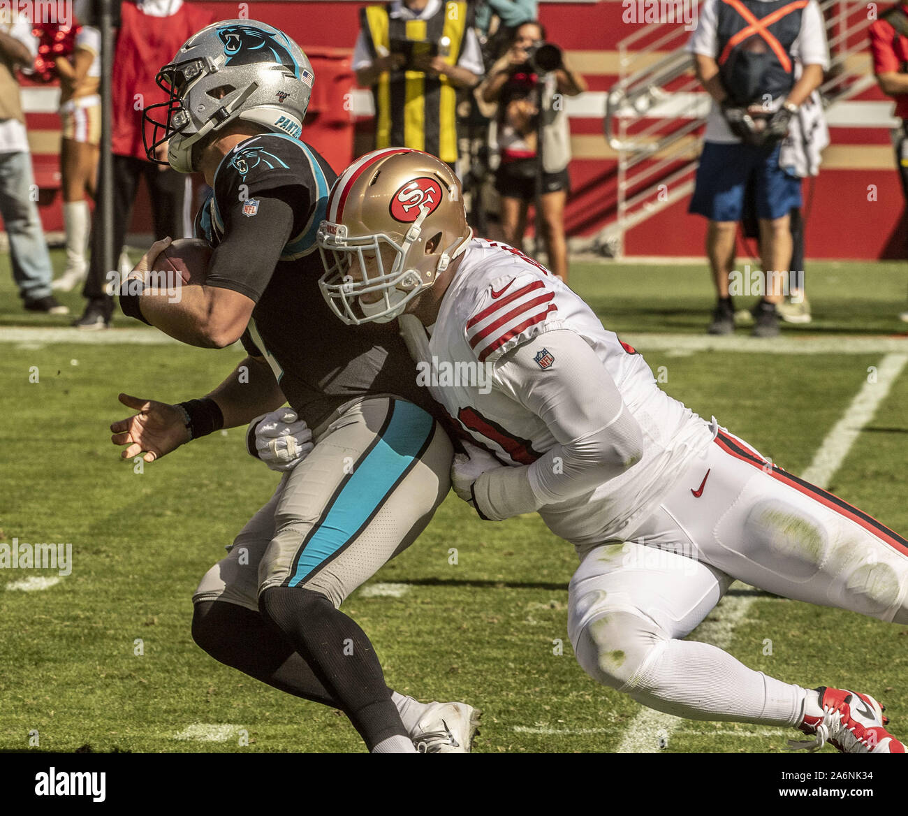 Santa Clara, USA. 27th Oct, 2019. San Francisco 49ers middle linebacker  Fred Warner (54) has words with Carolina Panthers running back Christian  McCaffrey (22) in the third quarter at Levi's Stadium in