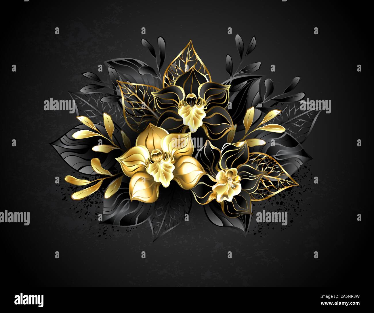 Composition de deux noirs et une d'or, bijoux orchidées plantes. withornamental Illustration de Vecteur