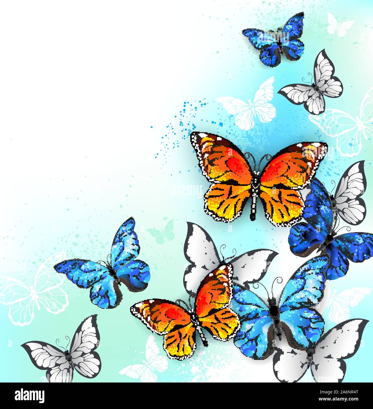Troupeau de bleu, orange et blanc papillons réalistes sur fond blanc ombré de taches vert et turquoise. Illustration de Vecteur