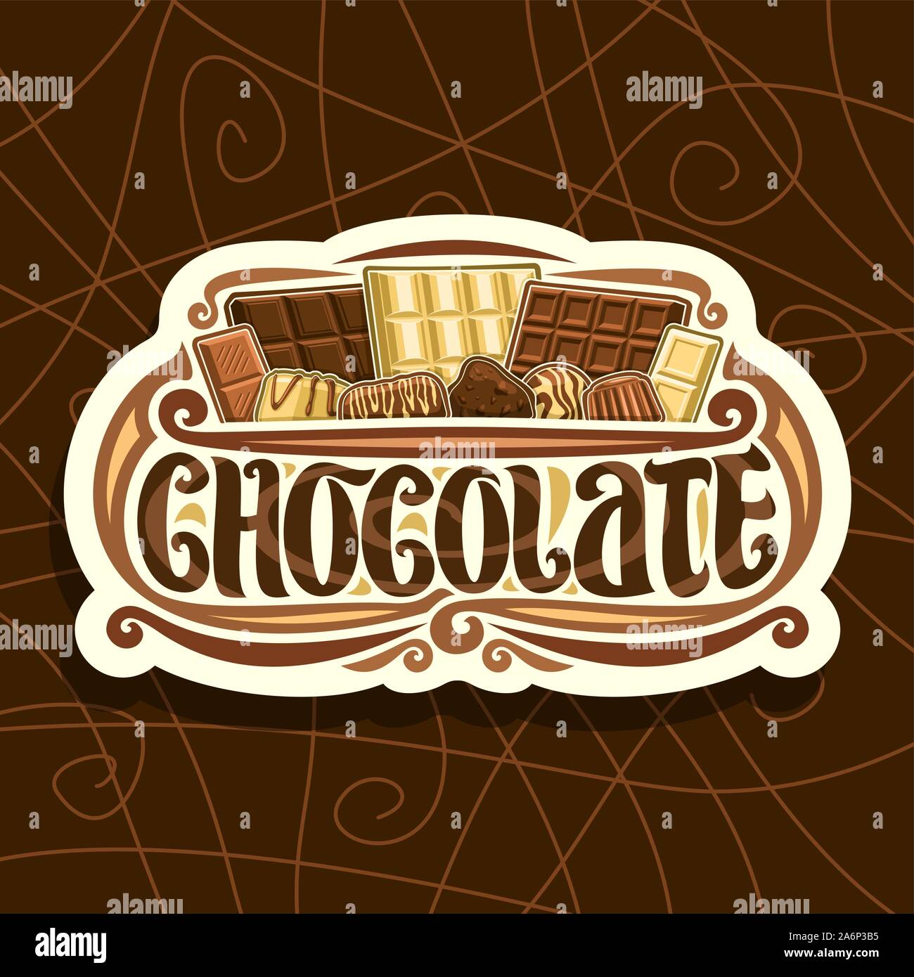 Logo vector pour le chocolat blanc, signe rétro avec choix de l'autre sorte de prime d'indemnité de chocolat et les tas de bonbons, pinceau original letterin Illustration de Vecteur