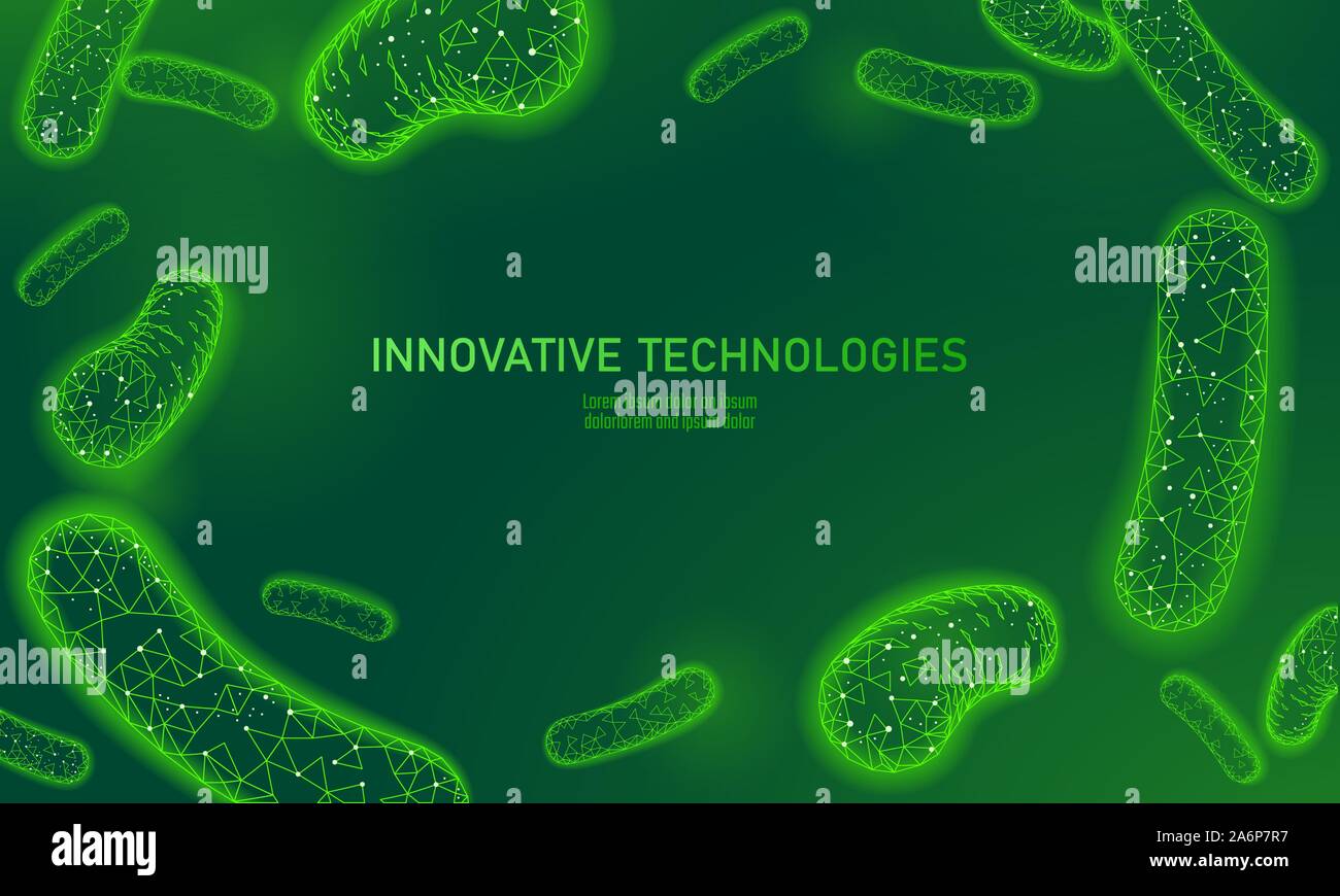 Bactéries 3D faible poly vert probiotiques. Saine digestion normale flore de l'intestin humain production de yaourt. Médecine technologique moderne Illustration de Vecteur