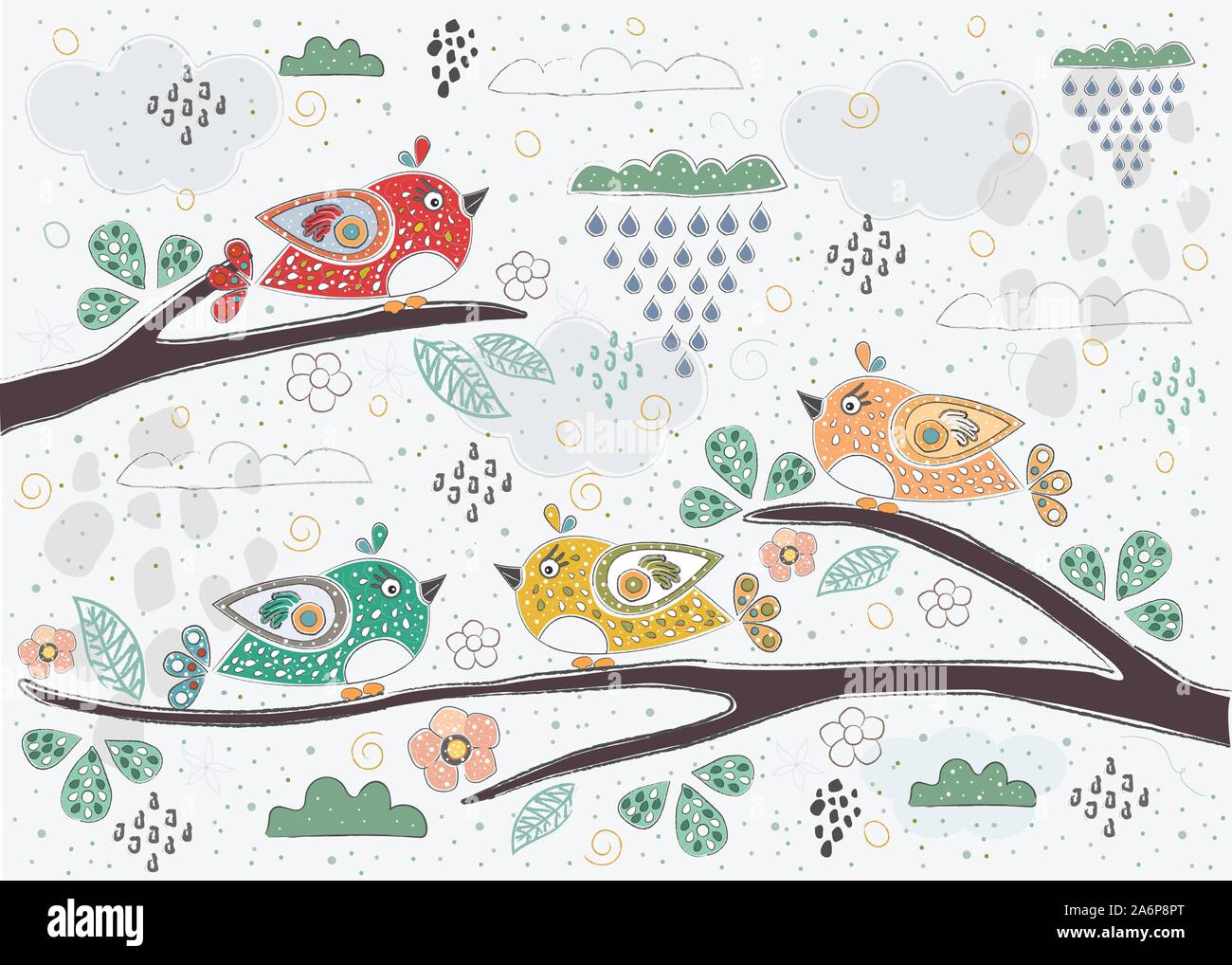 Oiseaux assis sur les branches d'arbres. Vector Illustration. Nuit nuageuse Illustration de Vecteur