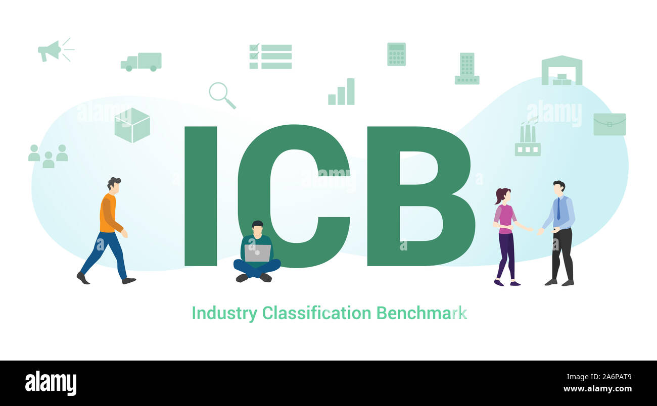 Icb Industry Classification Benchmark concept avec grand mot ou texte et de l'équipe de personnes avec une télévision moderne style - vector illustration Banque D'Images