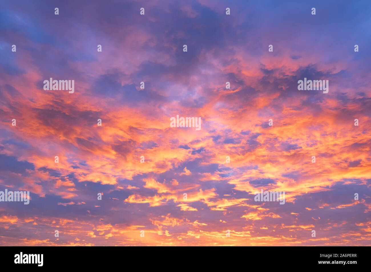 Beaux nuages orange sur fond bleu ciel de coucher du soleil. Ciel coucher de soleil orange-feu. Ciel magnifique. Banque D'Images
