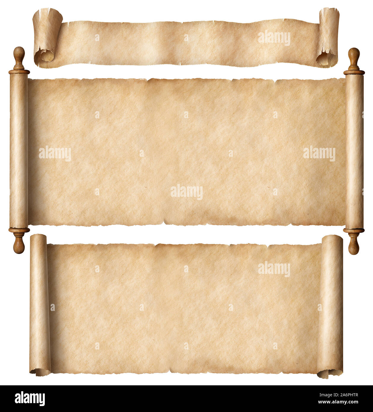 Trois anciens rouleaux de papier étroit horizontal isolé set Banque D'Images