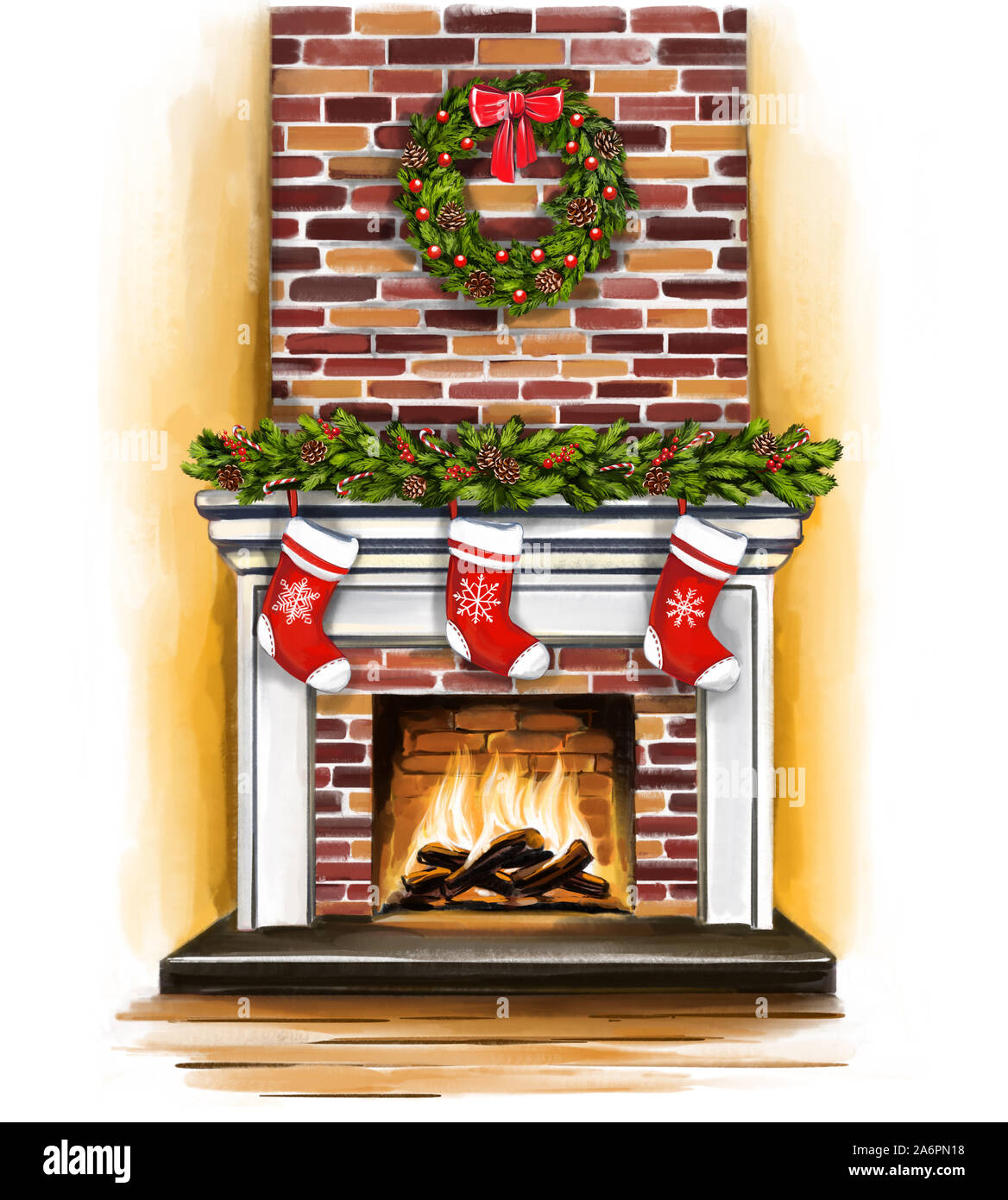 Foyer de Noël, décoré avec des décorations de noël, cartes de vœux, de l'art illustration peinte avec aquarelles Banque D'Images