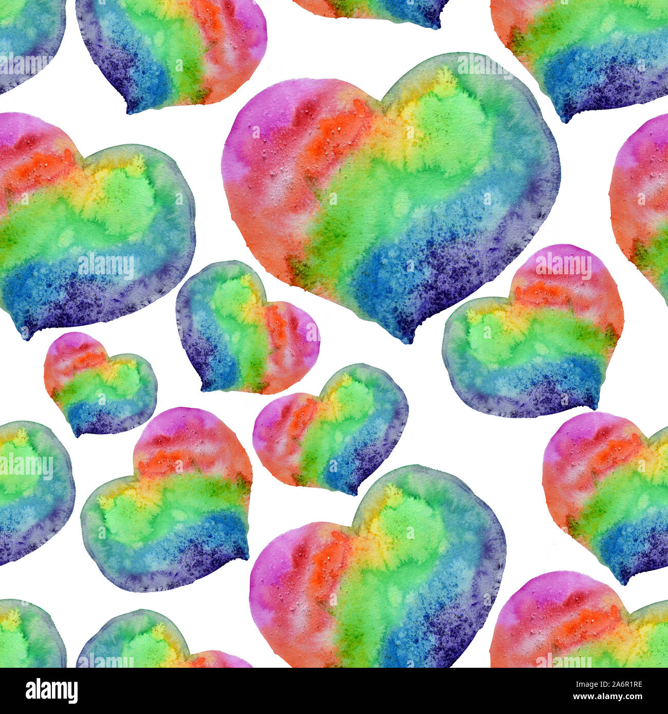 L'aquarelle transparente coeurs multicolores motif dans Rainbow Banque D'Images