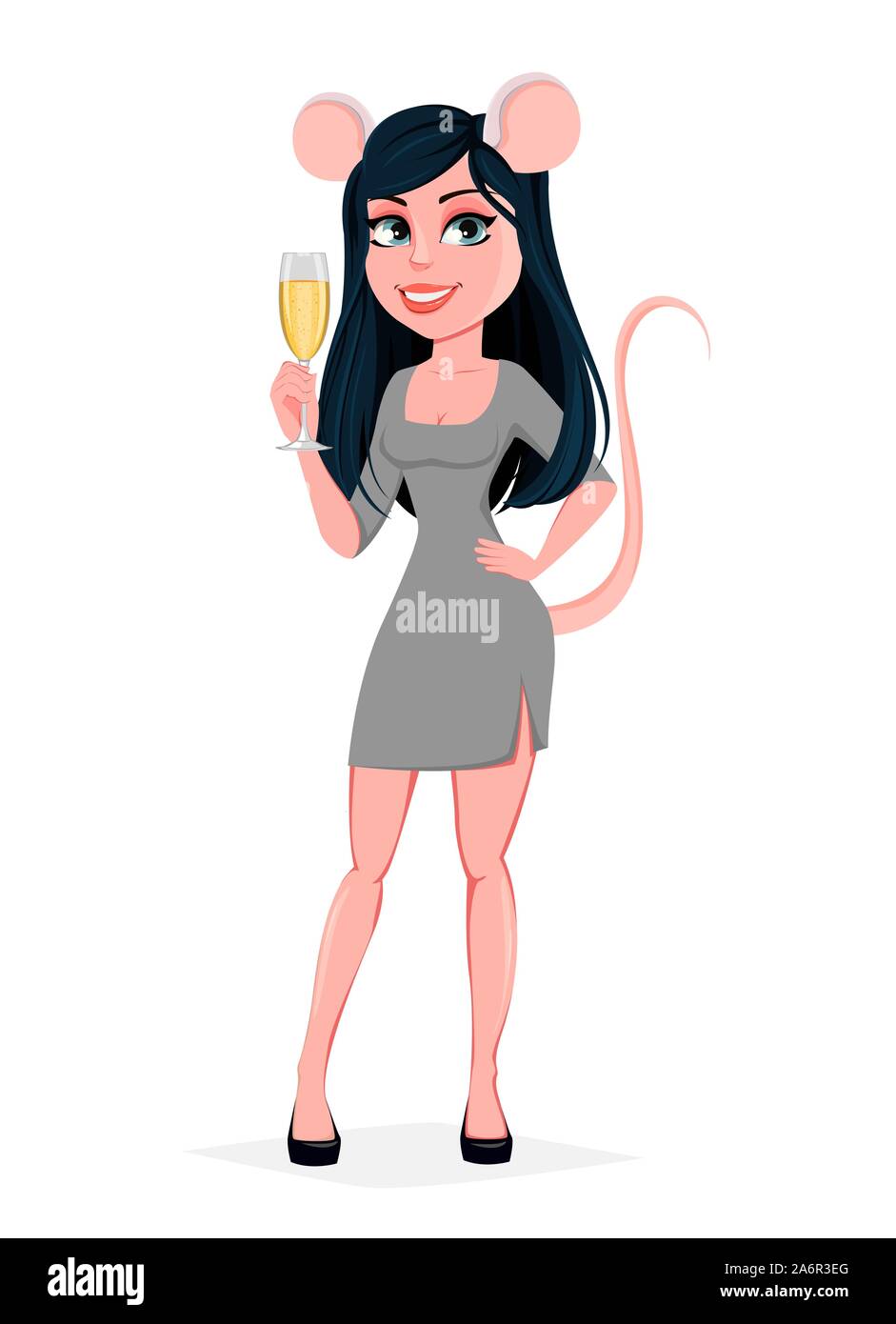 Belle jeune femme en costume de carnaval de souris tenant un verre de champagne. Vector illustration sur fond blanc. Illustration de Vecteur