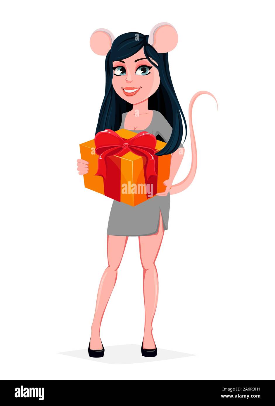 Belle jeune femme en costume de carnaval de souris holding gift box. Vector illustration sur fond blanc. Illustration de Vecteur