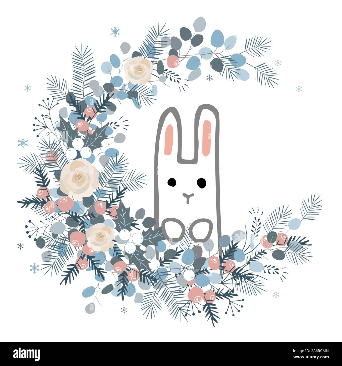 Couronne d'hiver avec des roses, des cônes, des baies, des feuilles, des branches de pins, et mignon bunny. Vector illustration pour les cartes postales, calendriers, affiches, estampes Illustration de Vecteur