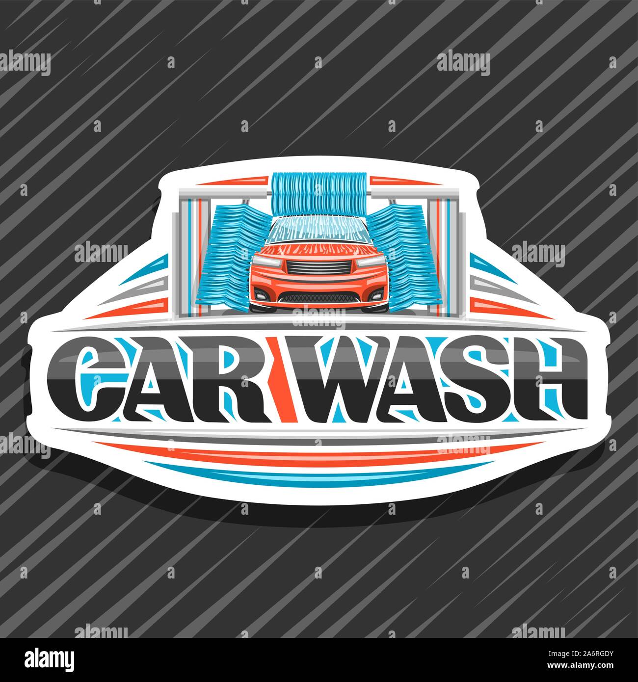 Logo Vector pour station de lavage automatique, une affiche avec une illustration de voiture sport rouge, l'eau qui coule et le brossage rotatif bleu, rouleaux de caractères d'origine pour Illustration de Vecteur