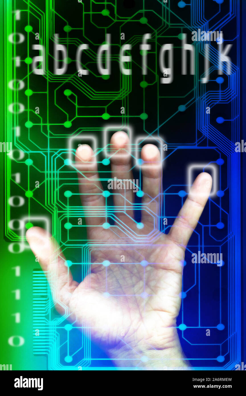 Une main sur un écran hi-tech avec des nombres binaires et les circuits selon le concept de sécurité de l'internet Banque D'Images