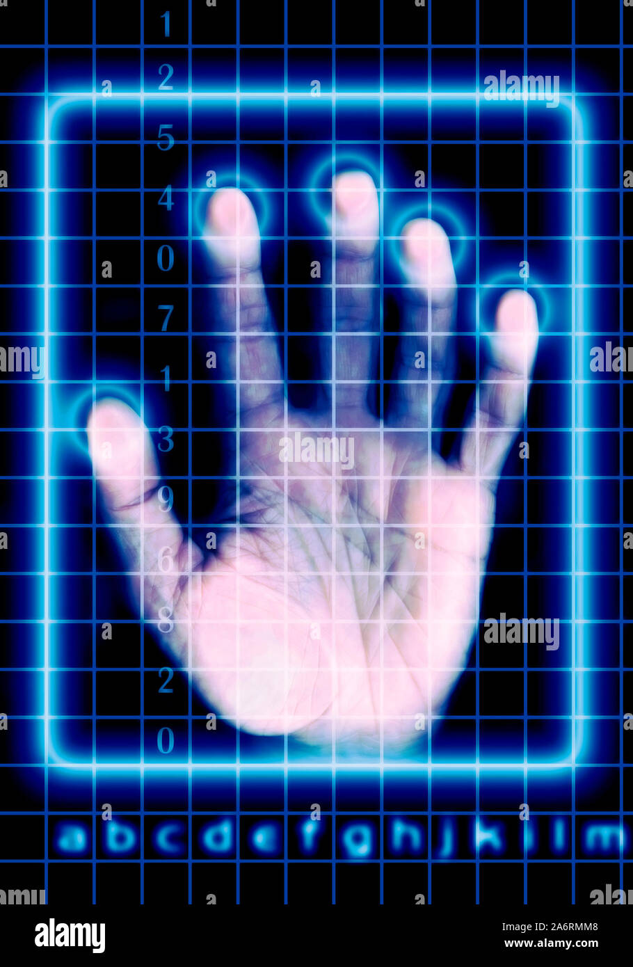 Une main touchant un écran de la grille avec les nombres binaires et des lettres comme concept pour la sécurité de l'identité numérique Banque D'Images