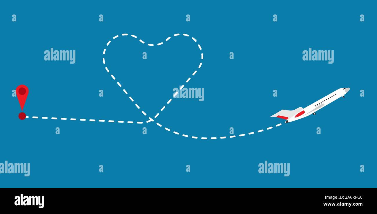 Chemin d'amour avion vol illustration vectorielle. Coeur romantique trace la ligne. Piste d'avions d'affaires moyen en pointillés vacances design Illustration de Vecteur