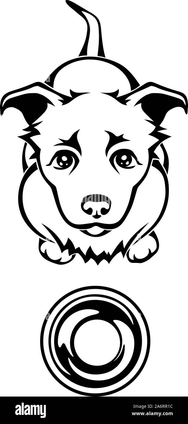 Vector illustration noir et blanc d'un chien affamé mendier de la nourriture avec un bol vide. Illustration de Vecteur