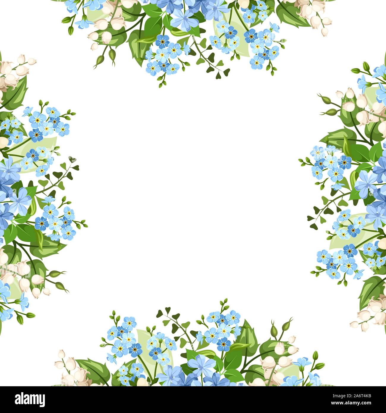 Vector background bleu et blanc avec forget-me-not, le muguet plumbago et fleurs. Illustration de Vecteur