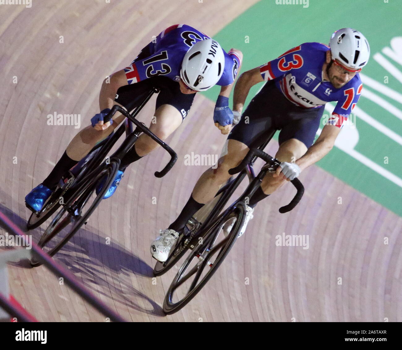 Lee Valley Velodrome - LONDON, UK. 27 octobre 2019. Matt BOSTOCK/Andrew TENNANT (GBR) en 250m Madison TT pendant 6 journée des Six Jours de l'événement London cycling. Banque D'Images