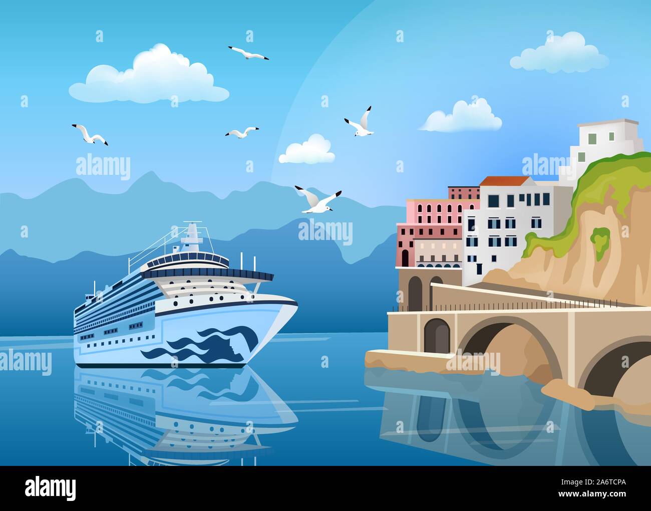 Paysage avec bateau de croisière près de la côte avec les bâtiments et les habitations, tourisme Illustration de Vecteur