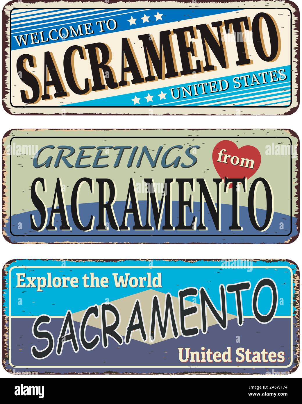 Sacramento Vintage tin sign collection avec USA Nom de ville. Signe ou une carte postale souvenir rétro des modèles sur vieux métal arrière-plan. Thème de voyage. Illustration de Vecteur