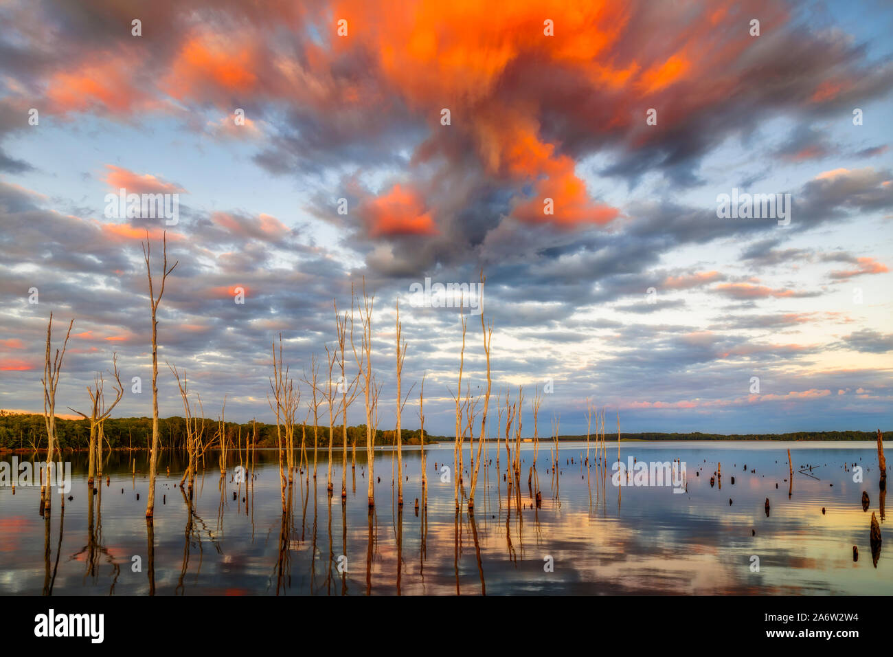 Le feu du ciel - Le réglage du réservoir Manasquan soleil illumine le ciel le long de la Manasquan réservoir. Les teintes d'or chaud spectaculaire des nuages Banque D'Images