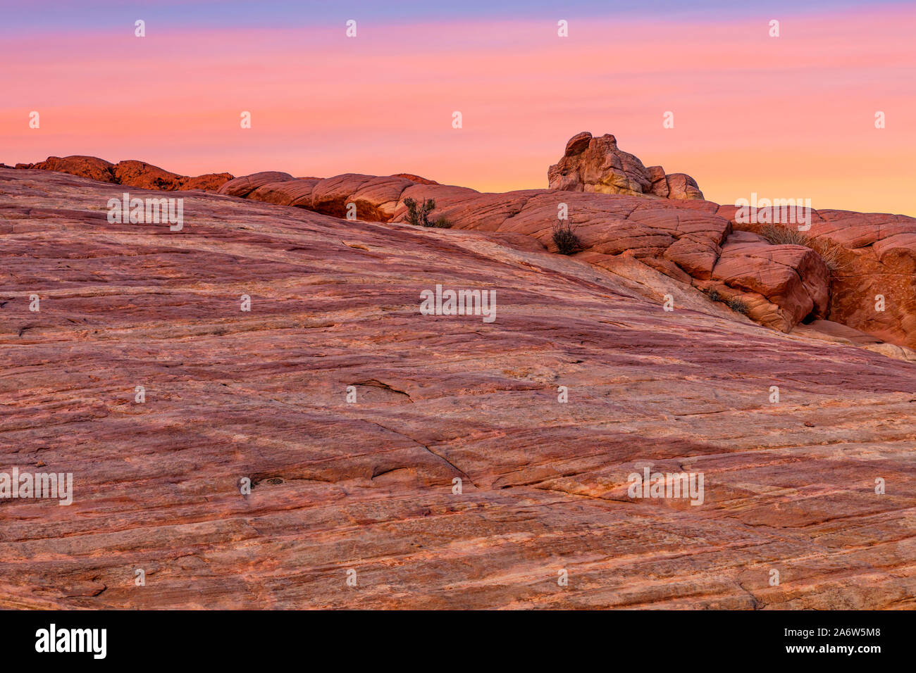 La Vallée de Feu Coucher du soleil- une des nombreuses formations rocheuses en rouge le parc national de la Vallée de Feu dans le Nevada. Banque D'Images
