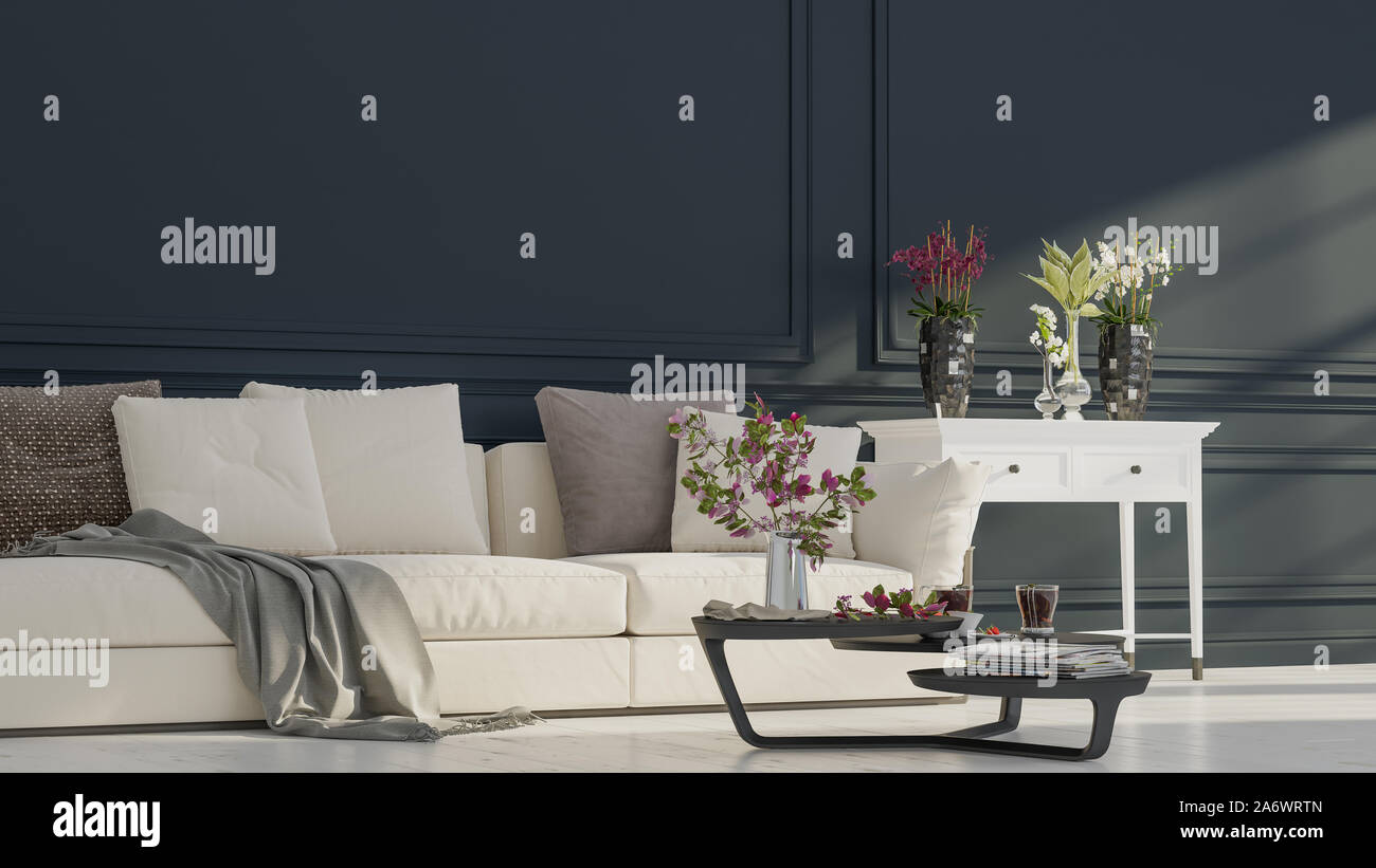 Design intérieur moderne d'un salon dans un appartement, maison, bureau, canapé confortable, fleurs fraîches et lumineuses de l'intérieur moderne de détails sur une sombre w Banque D'Images