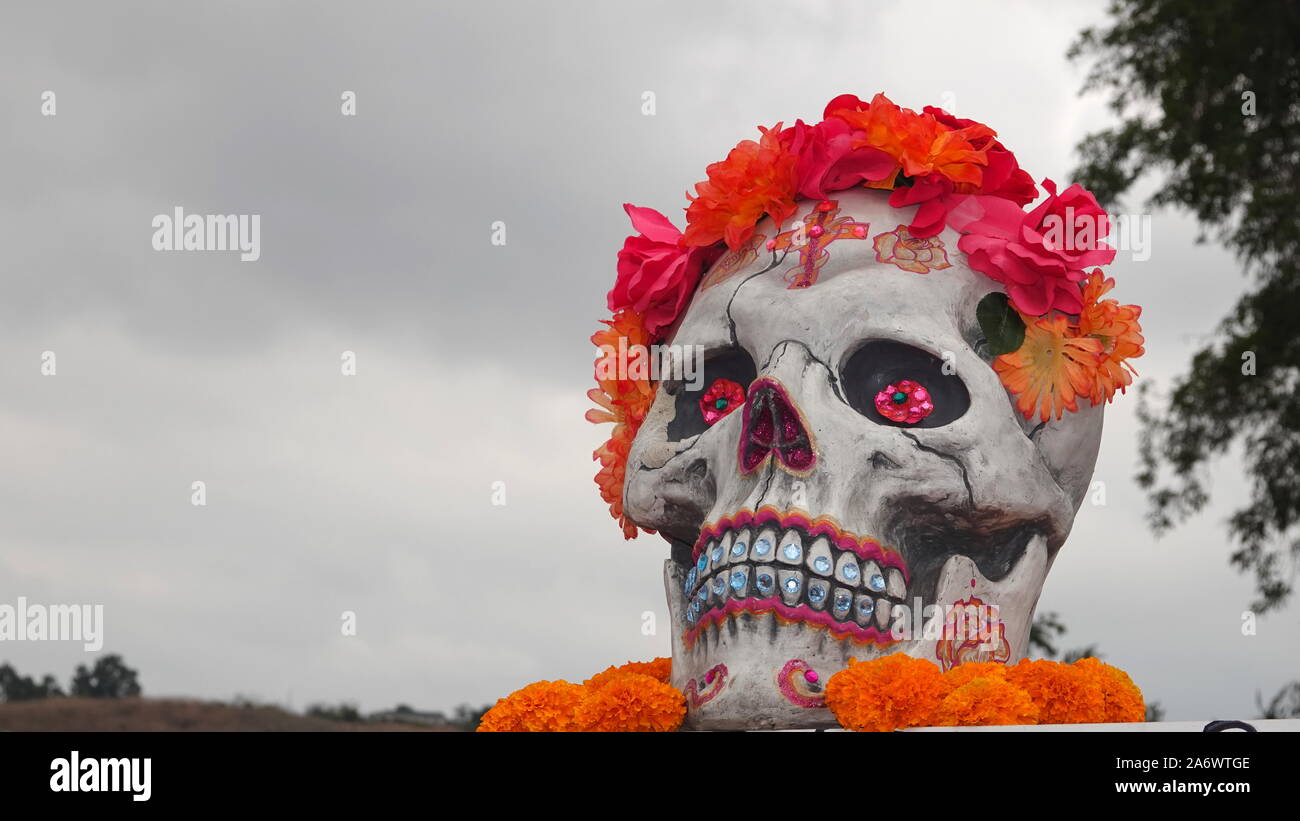 Crânes de sucre décoré de fleurs et beaucoup d'espace de copie plus de ciel gris Banque D'Images