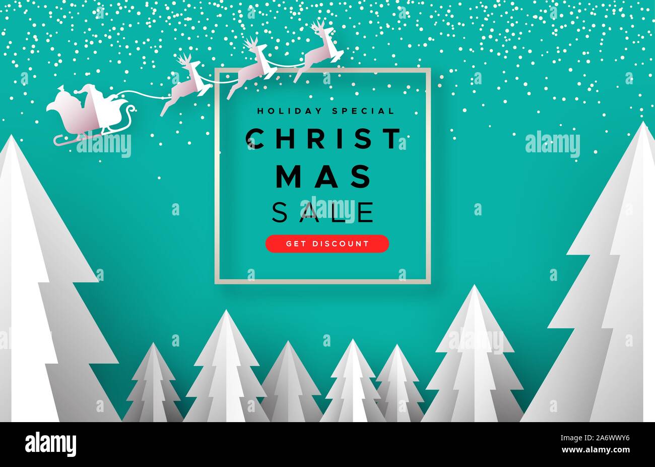 Vente de Noël, modèle blanc noël papercut paysage avec pinède et le père noël traîneau de rennes pour la saison spéciale de web. Illustration de Vecteur