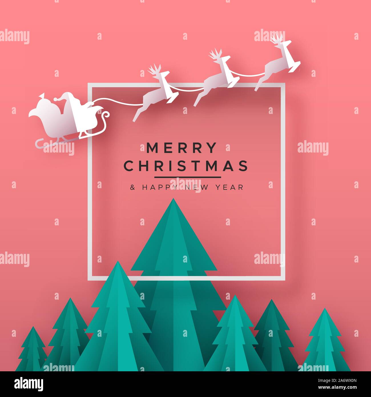 Joyeux Noël Bonne Année carte de voeux illustration de papercut maison de vacances avec des paysages forestiers de pins et de renne du Père Noël en traîneau. Illustration de Vecteur