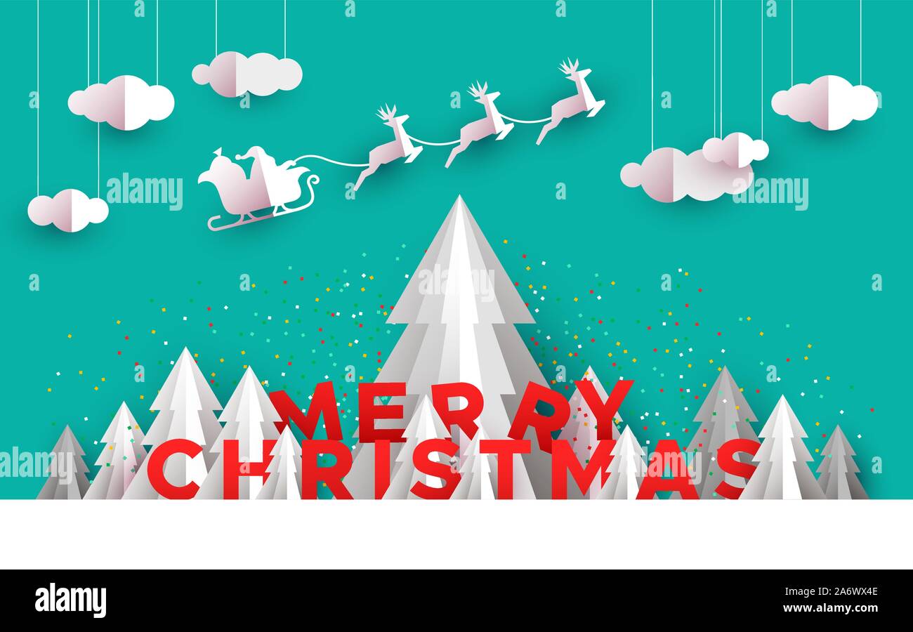 Joyeux Noël carte de voeux illustration de papercut maison de vacances avec des paysages forestiers de pins et de renne du Père Noël en traîneau. Illustration de Vecteur
