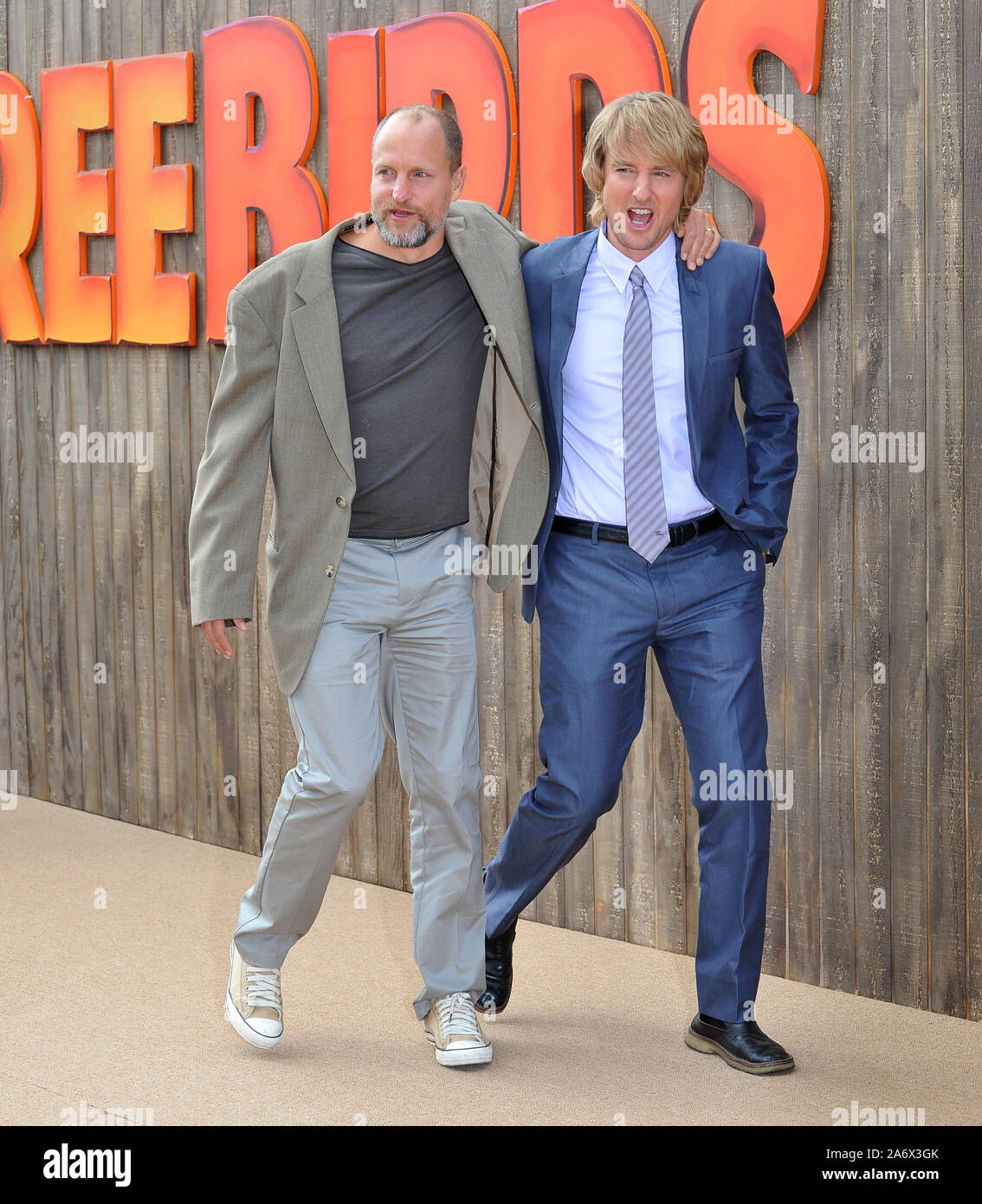 LOS ANGELES, CA. 13 octobre 2013 : Woody Harrelson & Owen Wilson (à droite) lors de la première mondiale de leur film 'Oiseaux' au Westwood Village Theatre. © 2013 Paul Smith / Featureflash Banque D'Images