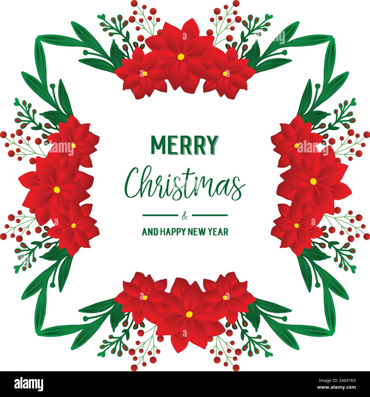 Texte cadre de joyeux Noël et bonne année, avec motif de fleur rouge. Vector Illustration de Vecteur