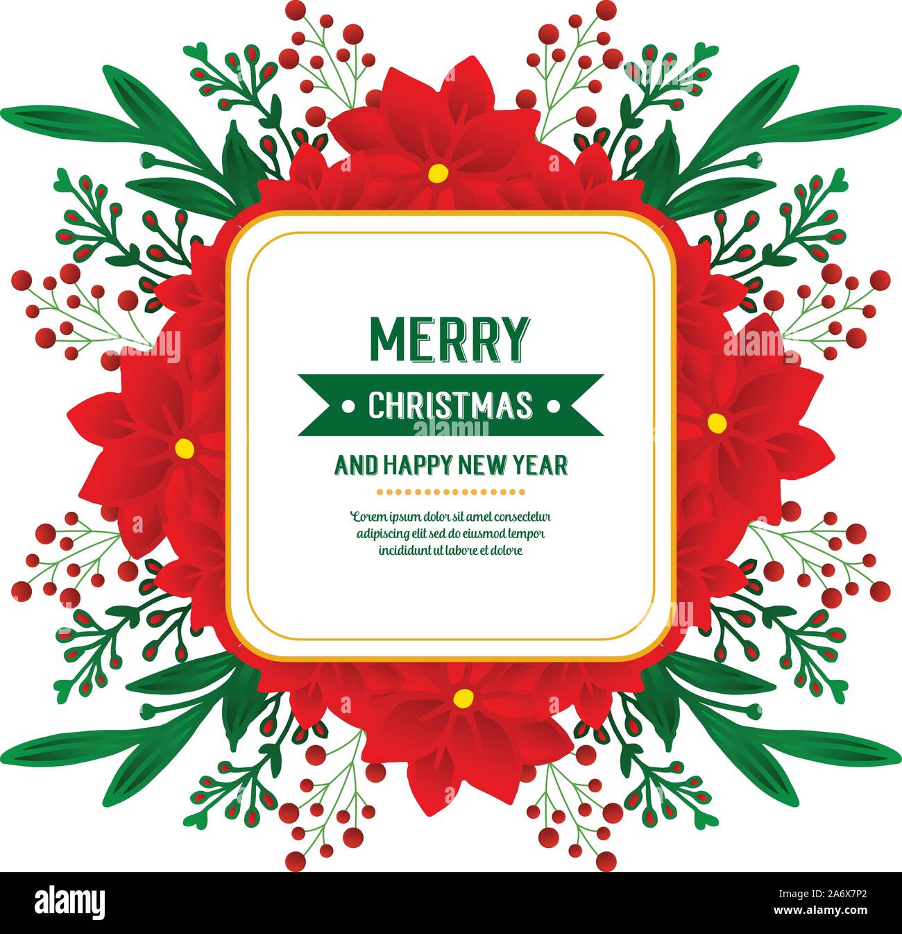 Texte cadre de joyeux Noël et bonne année, avec motif de fleur rouge. Vector Illustration de Vecteur