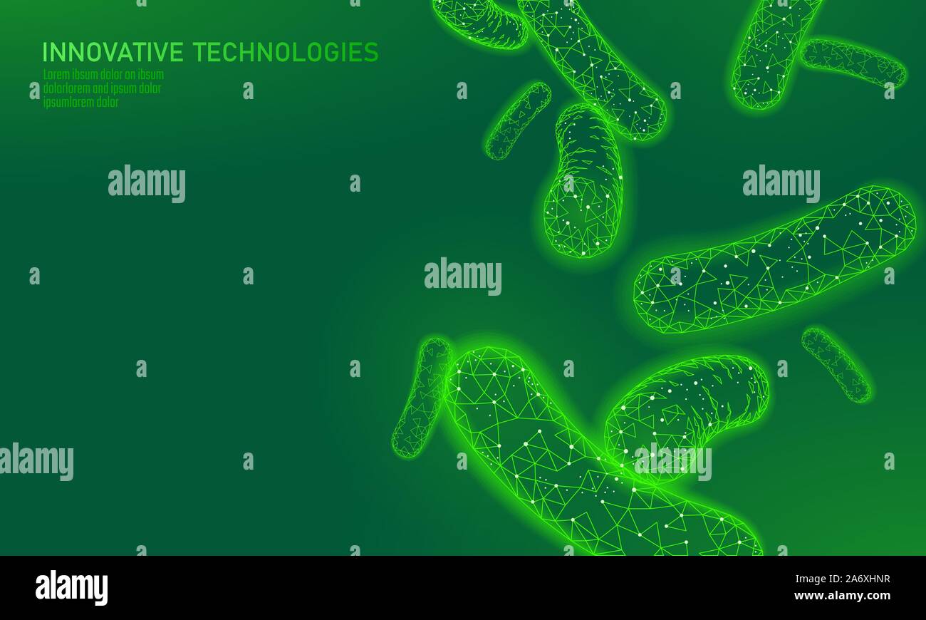 Bactéries 3D faible poly vert probiotiques. Saine digestion normale flore de l'intestin humain production de yaourt. Médecine technologique moderne Illustration de Vecteur