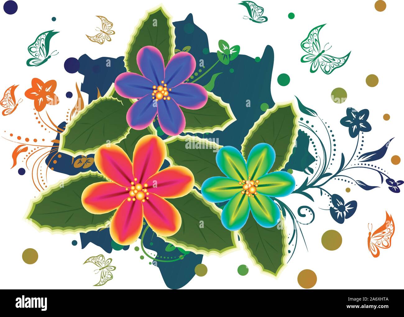 Fleurs tropicales colorées et ornement floral décoratif avec des papillons. Illustration de Vecteur