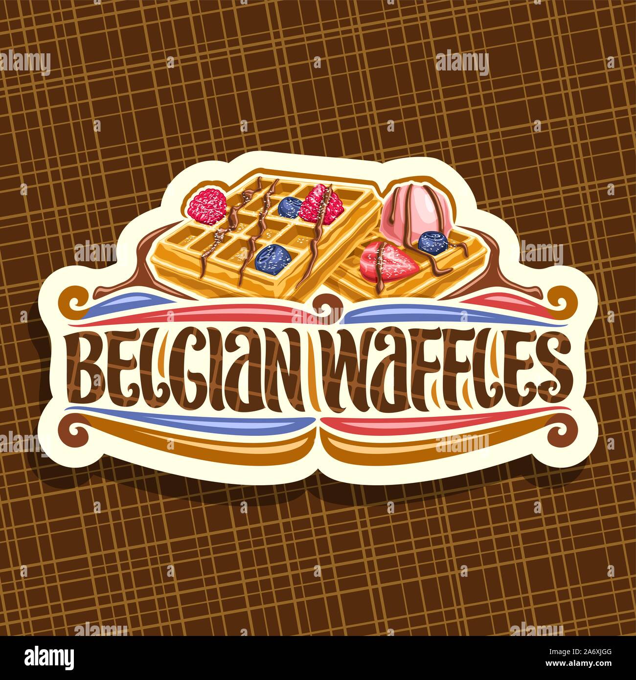 Logo Vector Pour Gaufres Belges Blanc Avec Des Panneaux Carres Traditionnels Gateaux Les Baies Fraiches Et La Creme Glacee Lettrage Pour Mots Waff Belge Image Vectorielle Stock Alamy