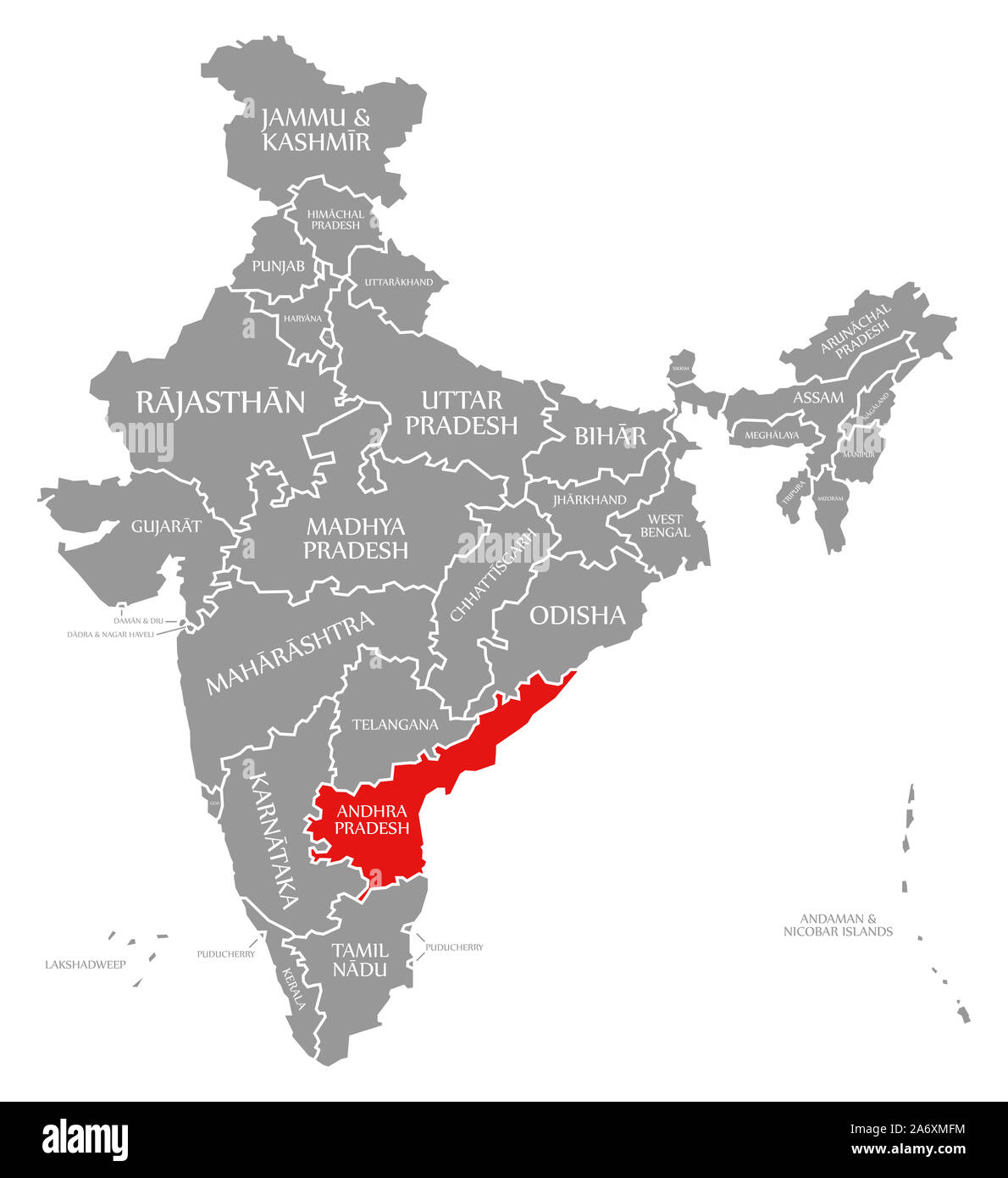 L'Andhra Pradesh en surbrillance rouge dans la carte de l'Inde Banque D'Images
