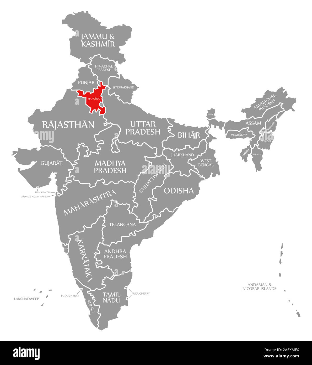 L'Haryana en surbrillance rouge dans la carte de l'Inde Banque D'Images