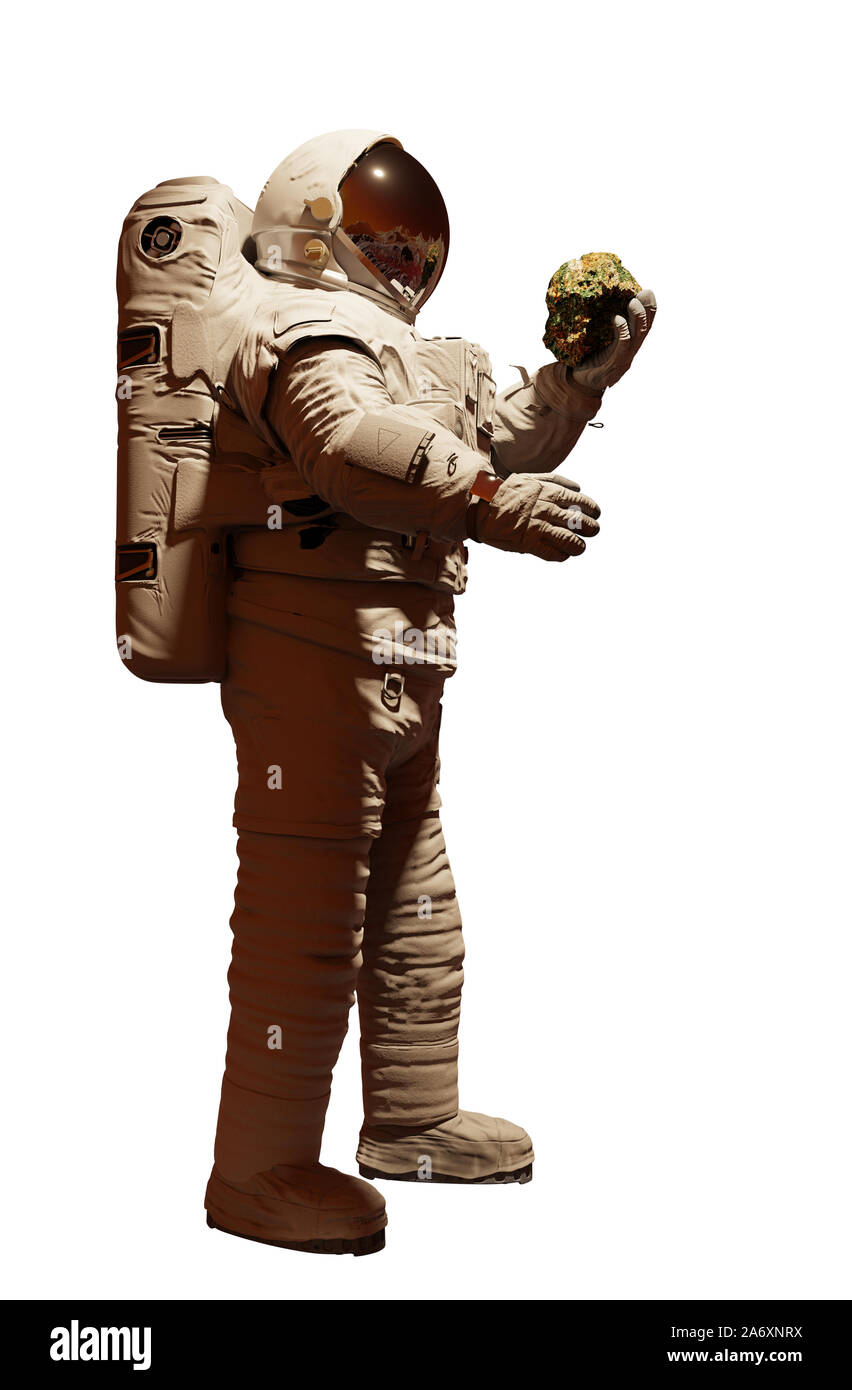 La vie dans l'espace, l'astronaute découvre des formes minuscules sur un rocher, isolé sur fond blanc Banque D'Images