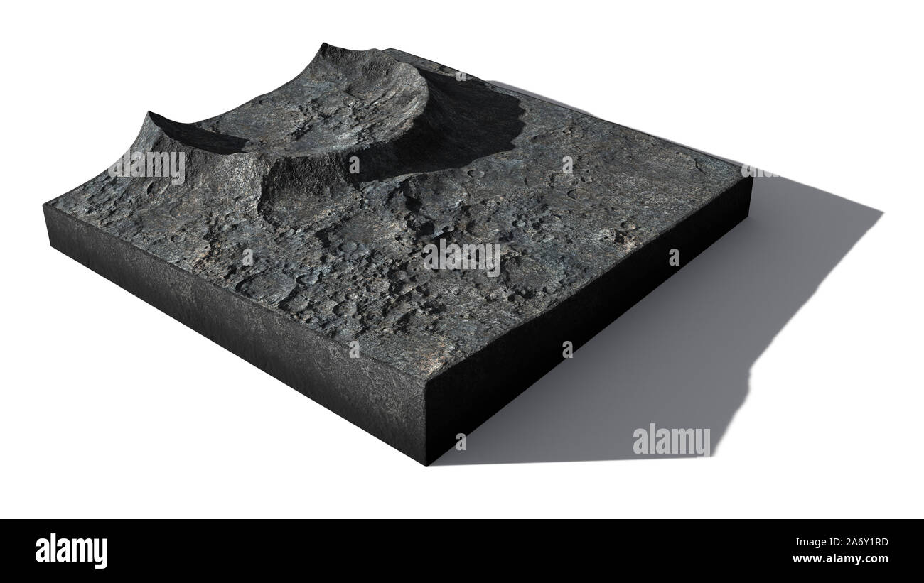 Coupe transversale d'un cratère sur la surface de la Lune, modèle de terrain avec ombre isolé sur fond blanc Banque D'Images