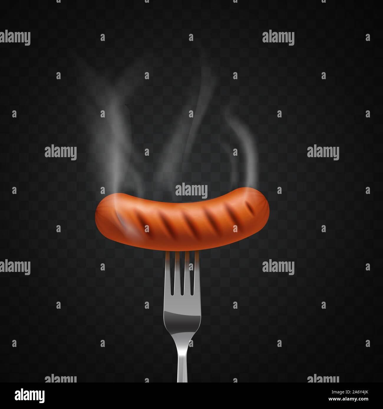 Délicieux saucisson à la vapeur sur une fourche sur fond sombre Illustration de Vecteur