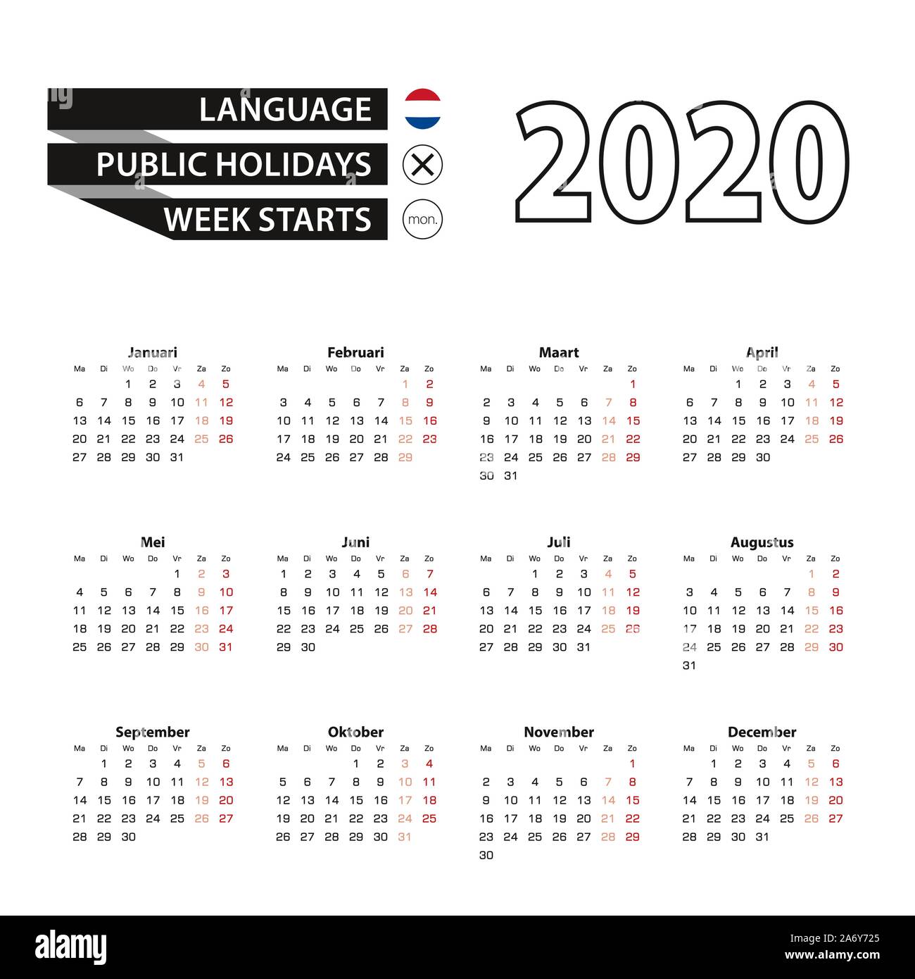 Calendrier 2020 en langue néerlandaise, la semaine commence le lundi. Calendrier de l'année 2020 Vector. Illustration de Vecteur