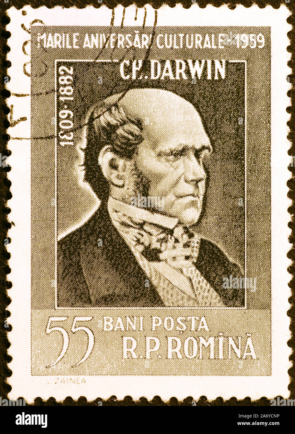 Portrait de Charles Darwin sur vintage stamp roumaine Banque D'Images