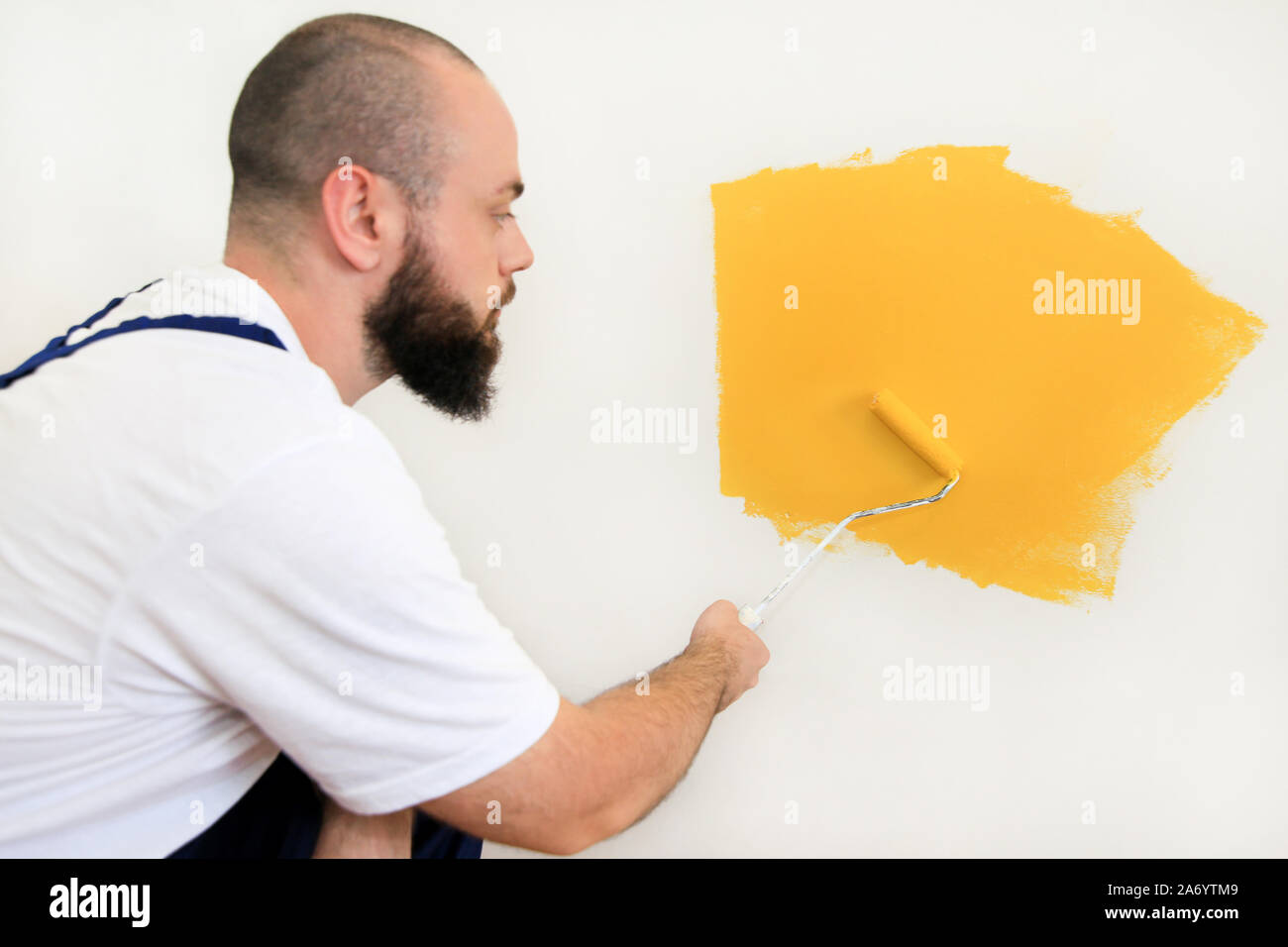 Travailleur de la construction et l'homme à faire terminer la rénovation à l'appartement. À l'aide de rouleau à peindre peintre peinture brosse de mur avec la couleur jaune. Banque D'Images